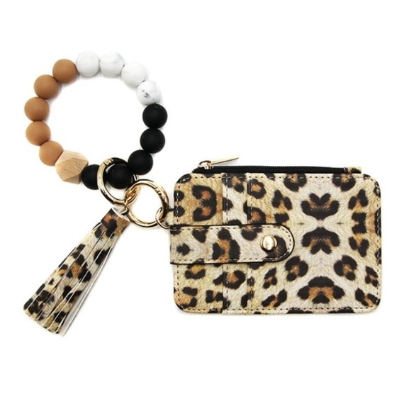 NWT leopard print silicone bead wristlet ID cardholder keychain - Picture 2 of 2